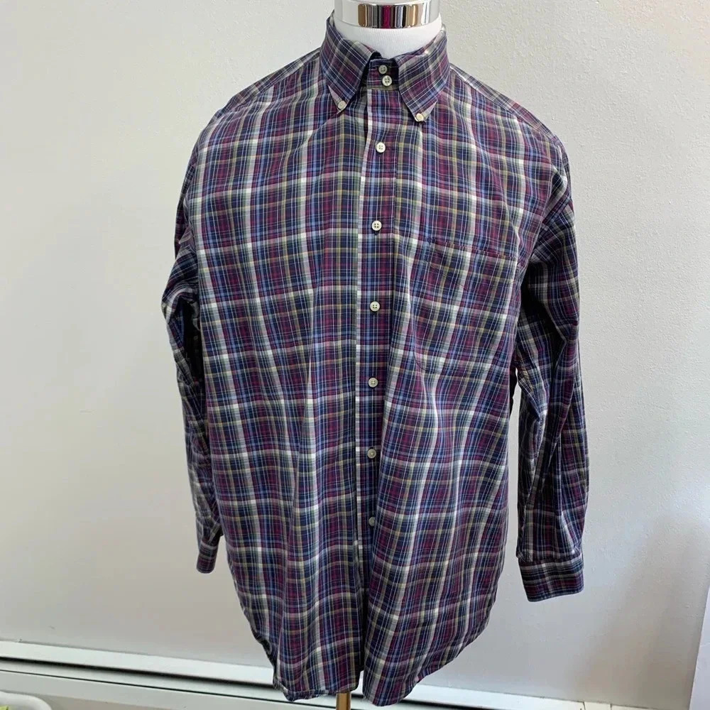 Tommy Hilfiger Mens Shirt 171/2 Blue Plaid Button Front Long Sleeve Cotton L16